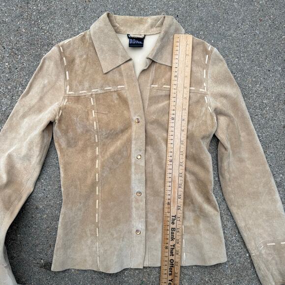 Y2K Wet Seal Suede Real Leather Patchwork Pearl Amber Snap Long Sleeve Shirt XS - Picture 9 of 10